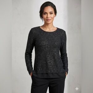 Alfani Petite P/L Charcoal Sequin Metallic Knit Sweater w/ Chiffon Layered Hem